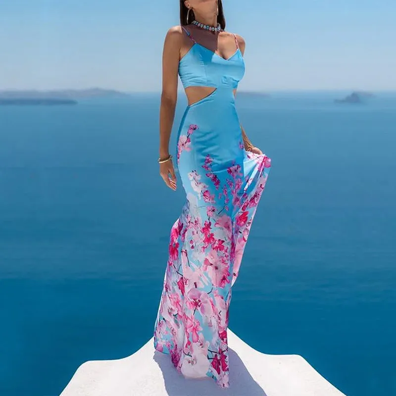 Mermaid Satin Cut Out Maxi Dress in Blue with Floral Bottom Size XS, S, M, L, XL, XXL