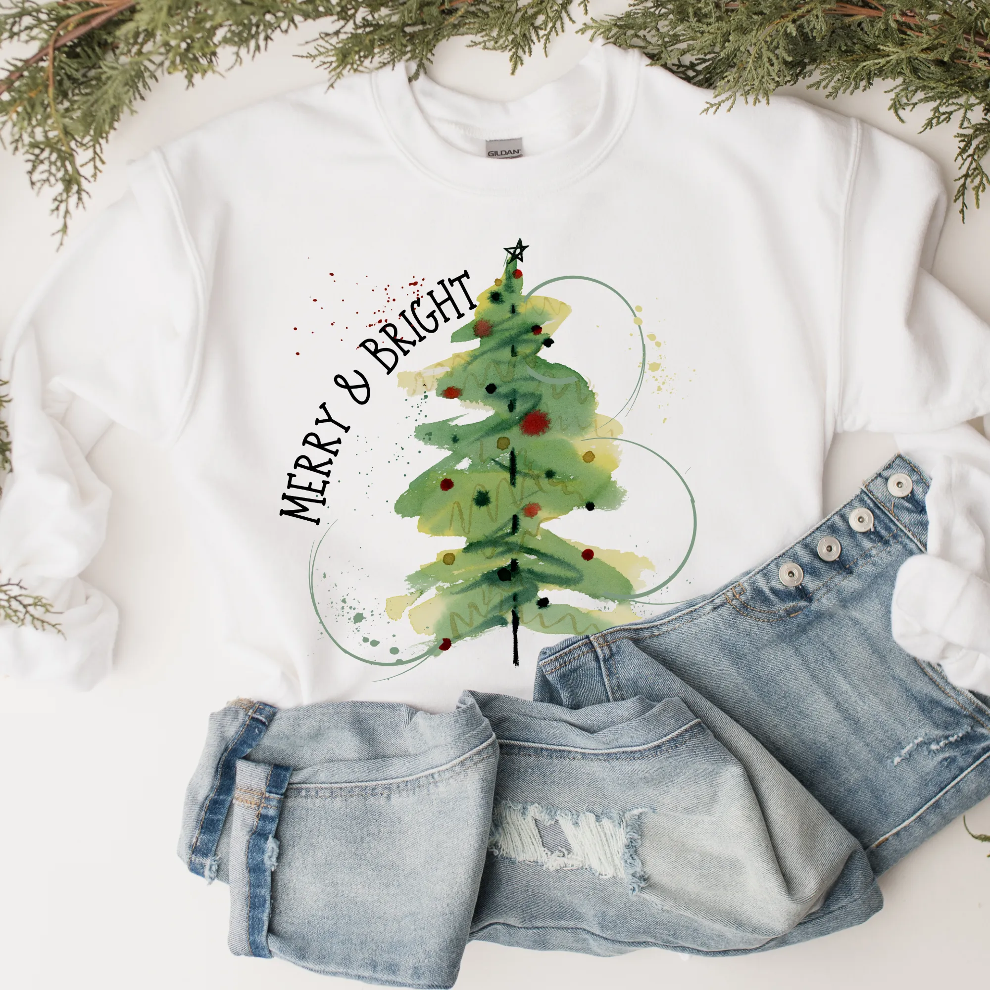 Merry and Bright Women's Watercolor Christmas Tree Crewneck Sweatshirt in Ash or White Christmas Pullover