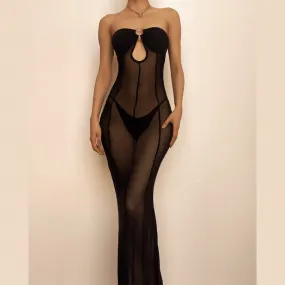 Mesh see through o ring hollow out backless tube cut out maxi dress