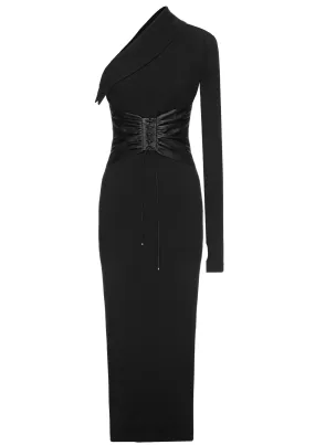 Non-Detachable Belt Asymmetric Maxi Dress