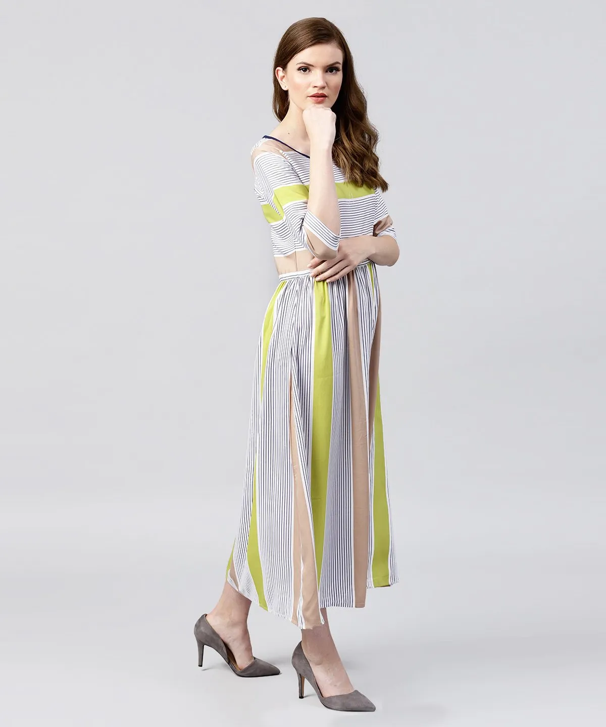 Off White Half Sleeve Striped Crepe Maxi Dress