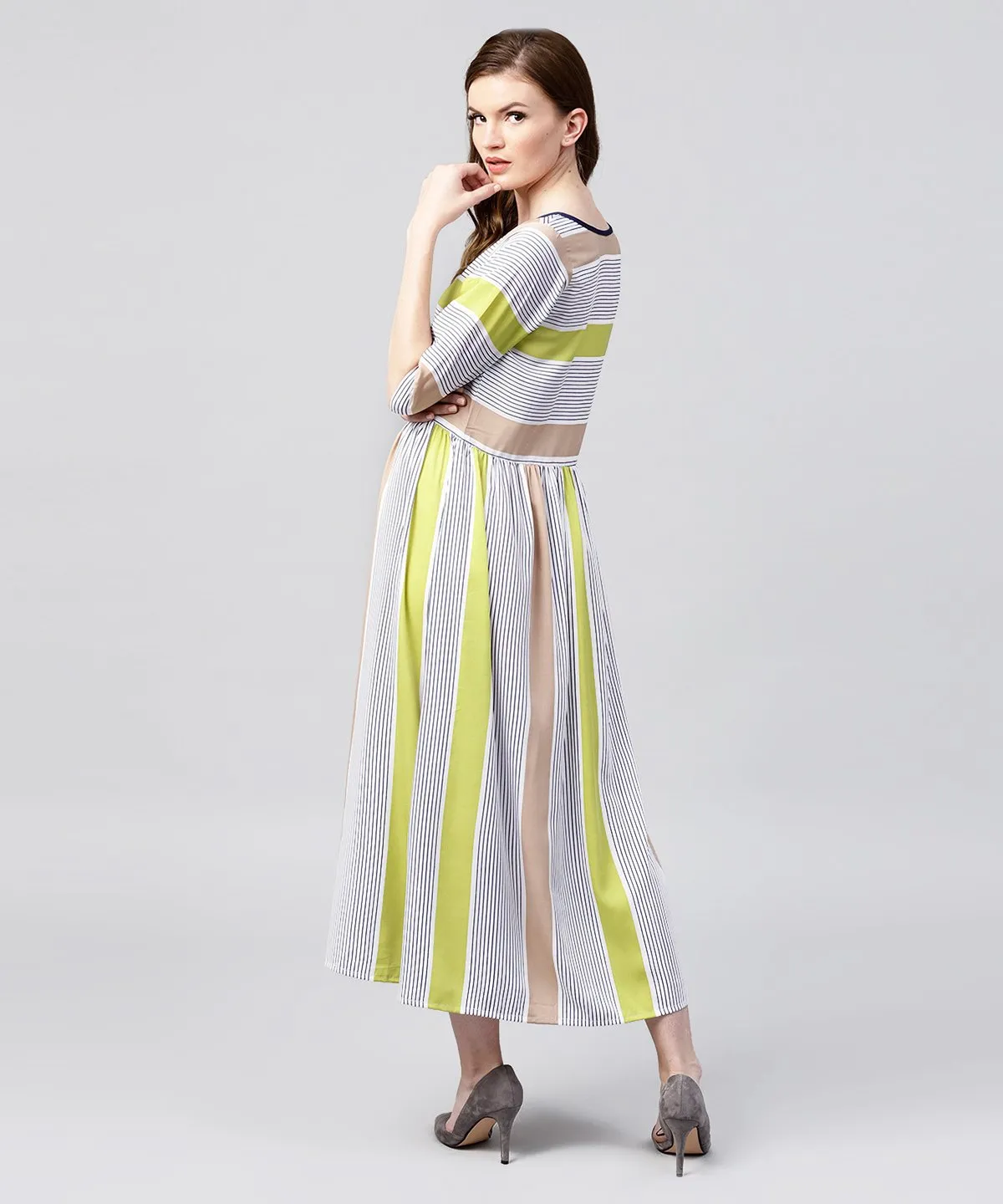 Off White Half Sleeve Striped Crepe Maxi Dress