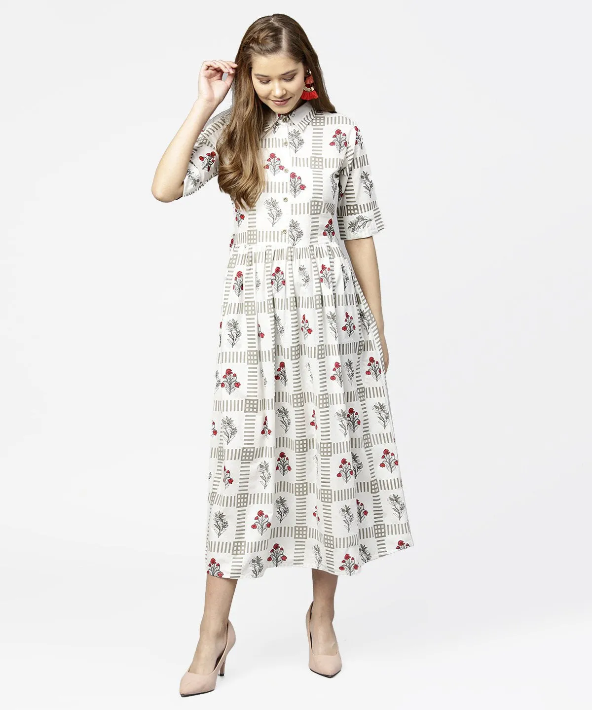 Off White Printed Half Sleeve Cotton Maxi Dress With Belt