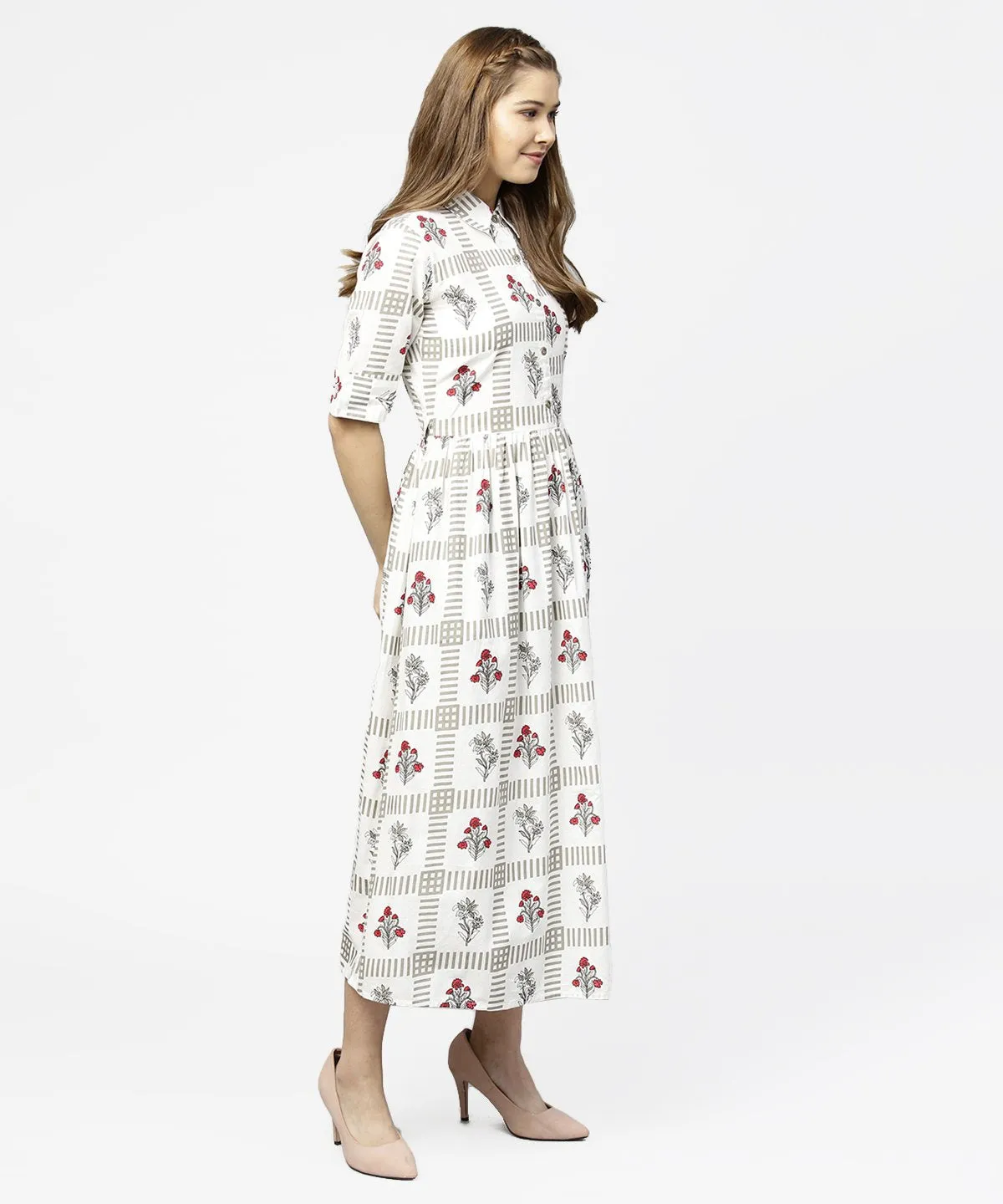 Off White Printed Half Sleeve Cotton Maxi Dress With Belt