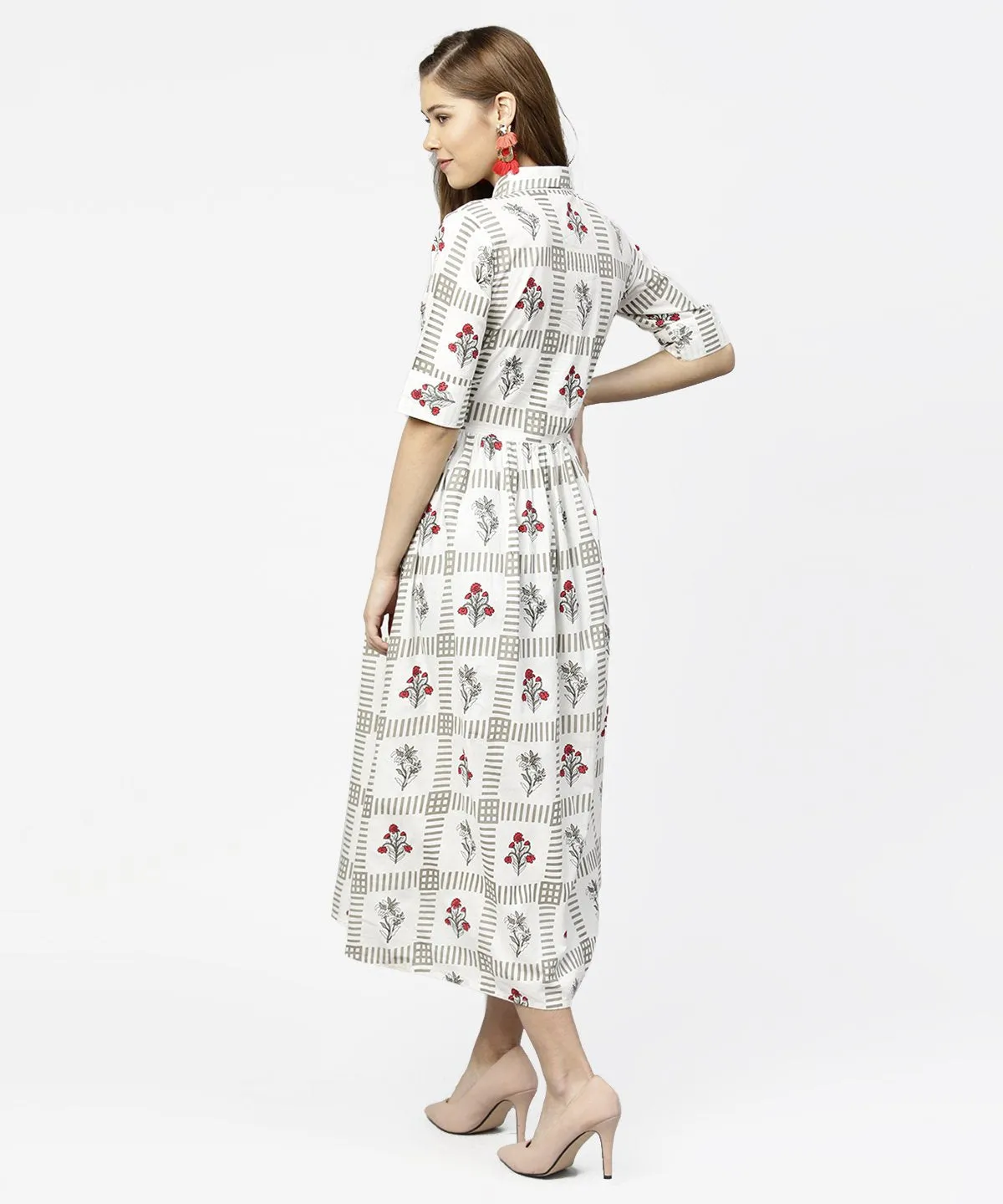 Off White Printed Half Sleeve Cotton Maxi Dress With Belt