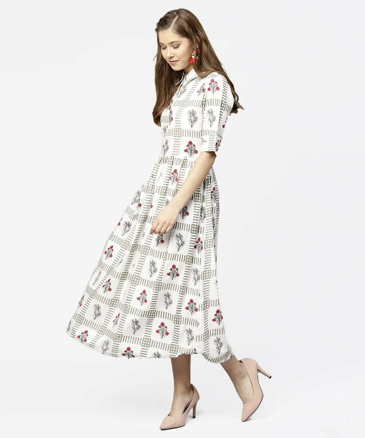 Off White Printed Half Sleeve Cotton Maxi Dress With Belt