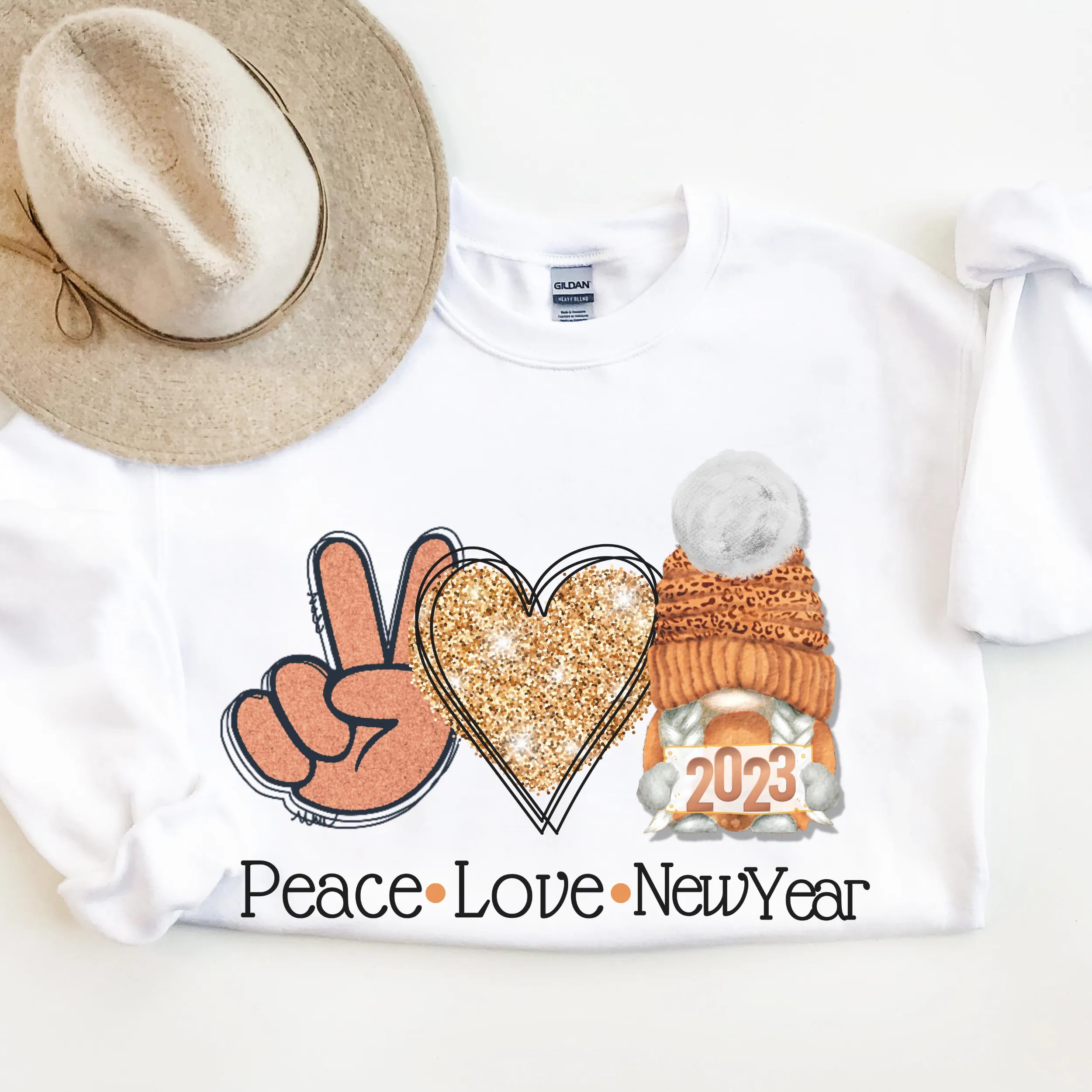 Peace Love New Year Winter Gnome Crewneck Sweatshirt Women's Soft, Cozy Pullover in Ash or White Cute Vintage Retro Winter Design