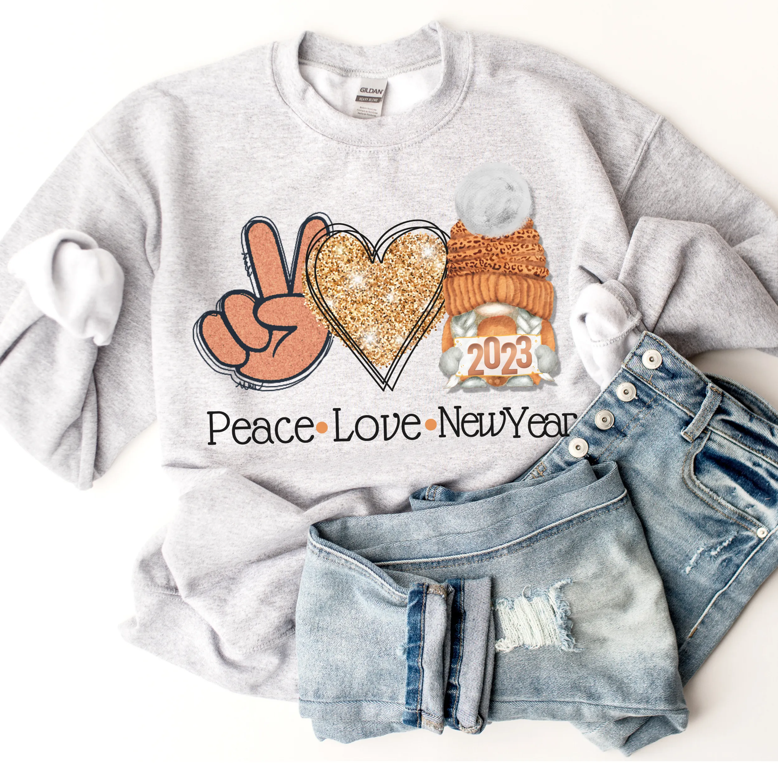 Peace Love New Year Winter Gnome Crewneck Sweatshirt Women's Soft, Cozy Pullover in Ash or White Cute Vintage Retro Winter Design