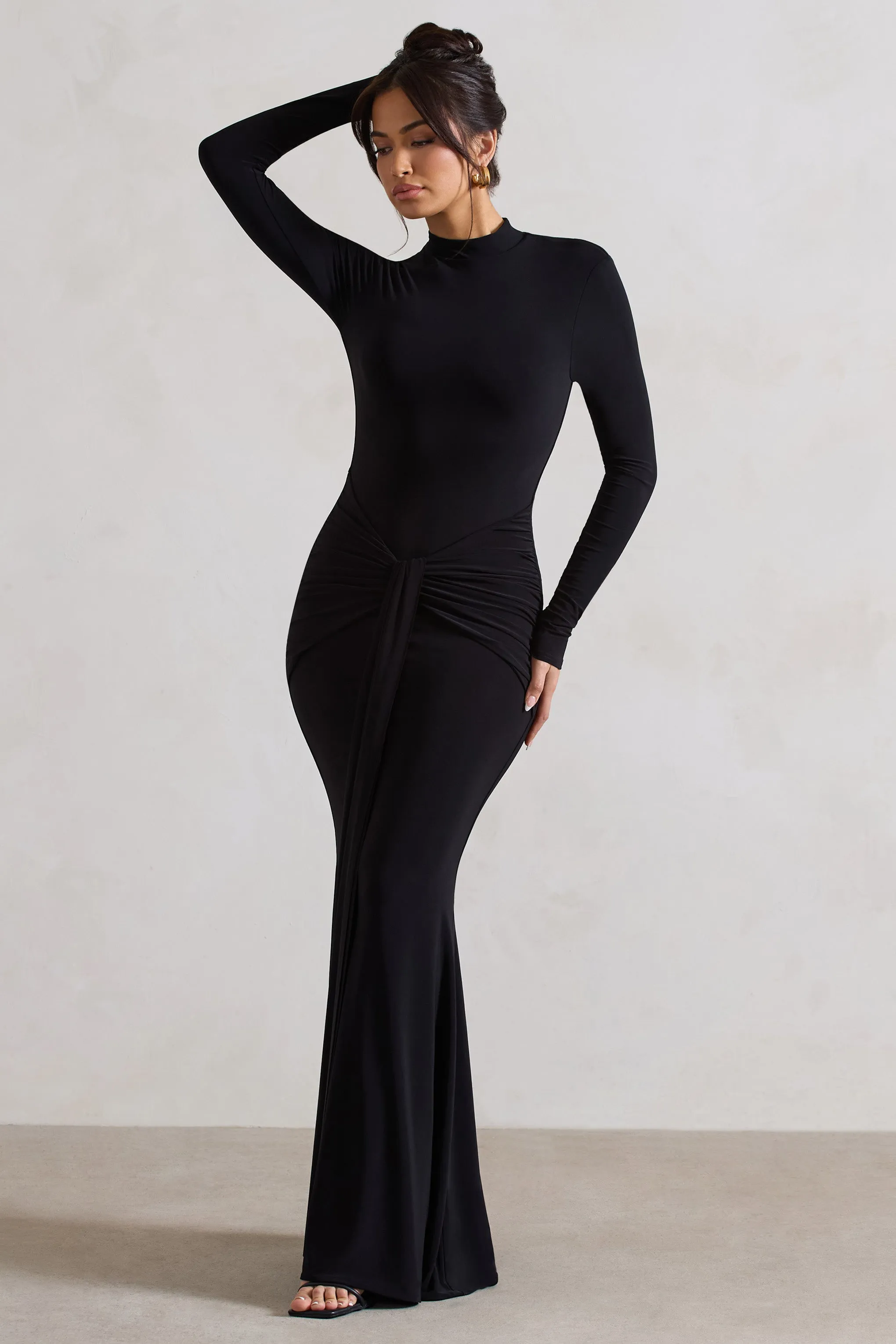 Pietra | Black High-Neck Long Sleeve Knot Maxi Dress