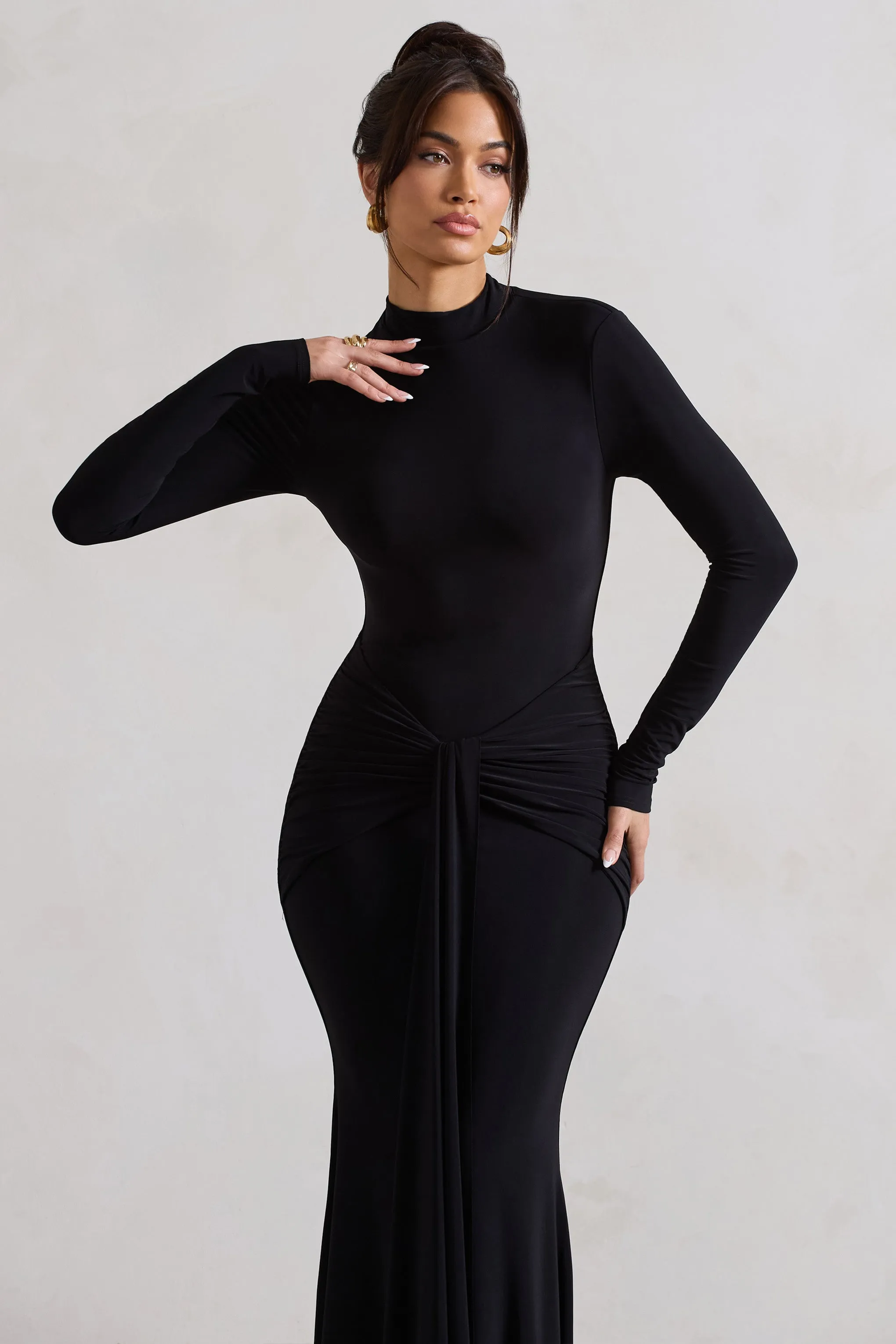 Pietra | Black High-Neck Long Sleeve Knot Maxi Dress