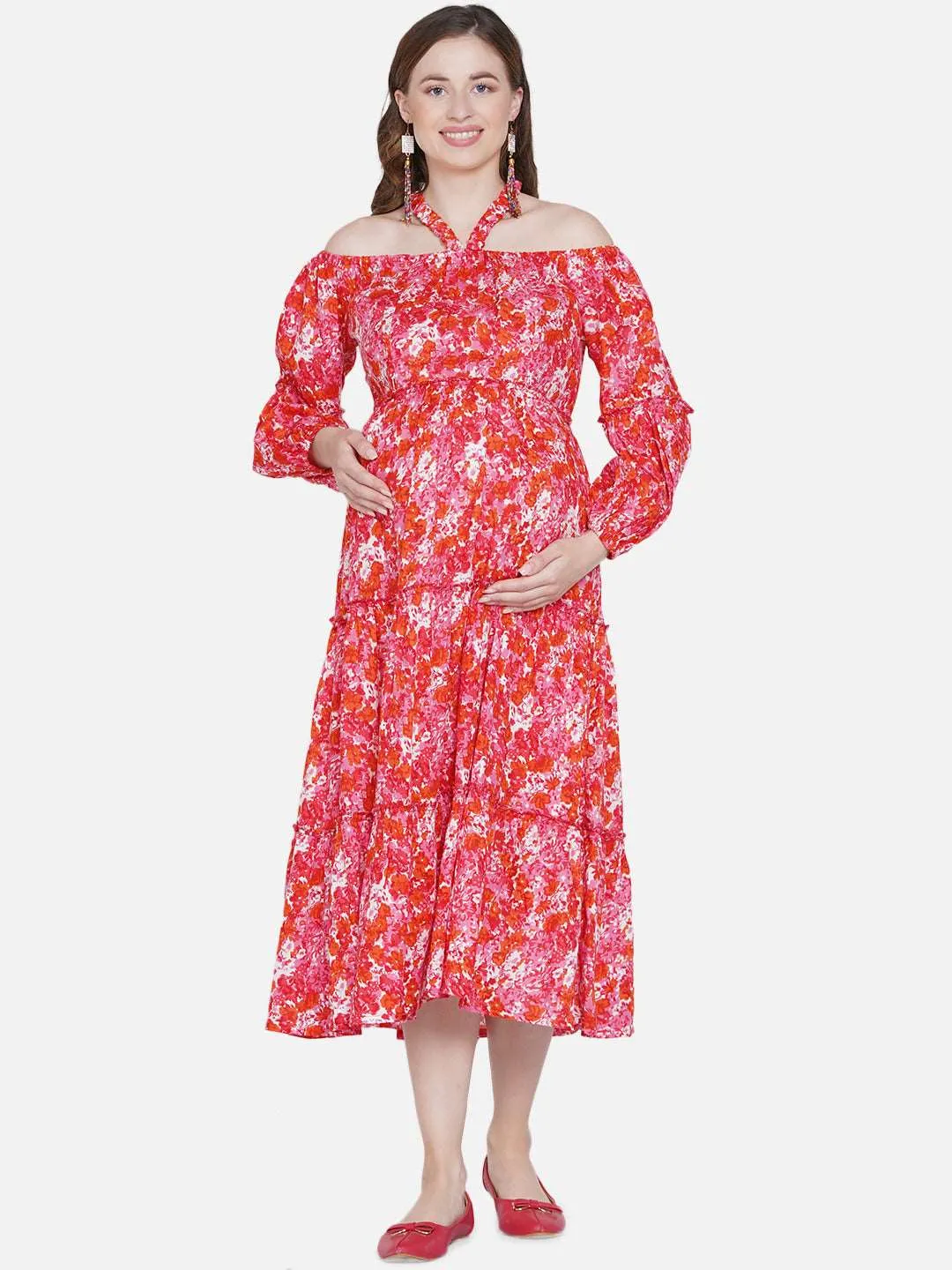 Pink Floral Print Maternity and Nursing Midi Dress