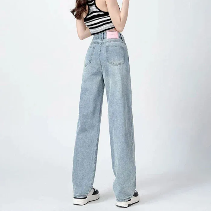 Pink Wide-Leg Jeans Women's New Summer and Autumn Short Tall Loose Drooping Straight Casual Mop Jeans