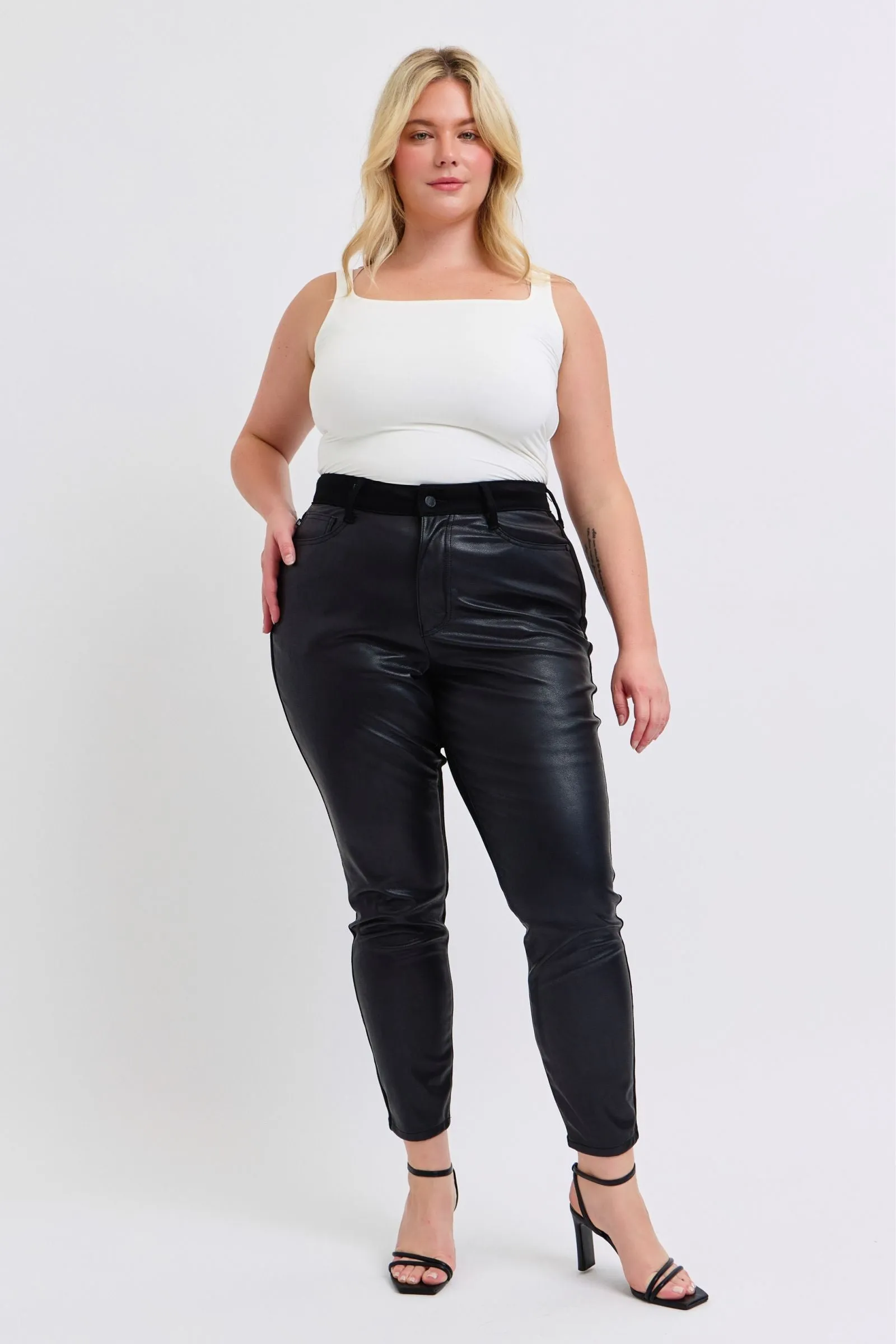 Plus Size HW Faux Leather & Denim Skinny - 88810PL