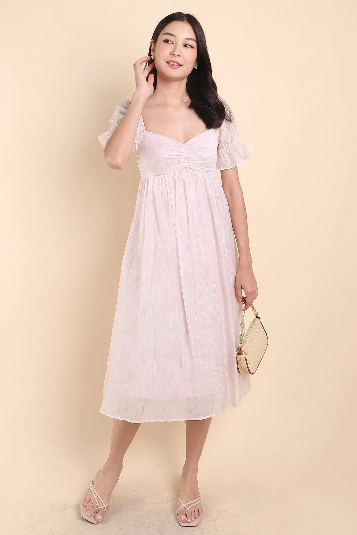 PRAIRIE RUCHED MIDAXI DRESS IN PINK