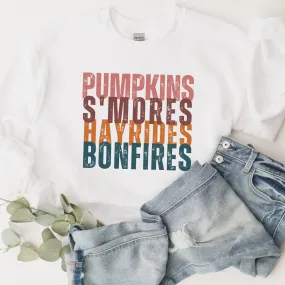 Pumpkins S'more's Hayrides and Bonfires Women's T Shirt or Crewneck Sweatshirt Distressed Letters Cozy Gildan Pullover or Bella Canvas Tee