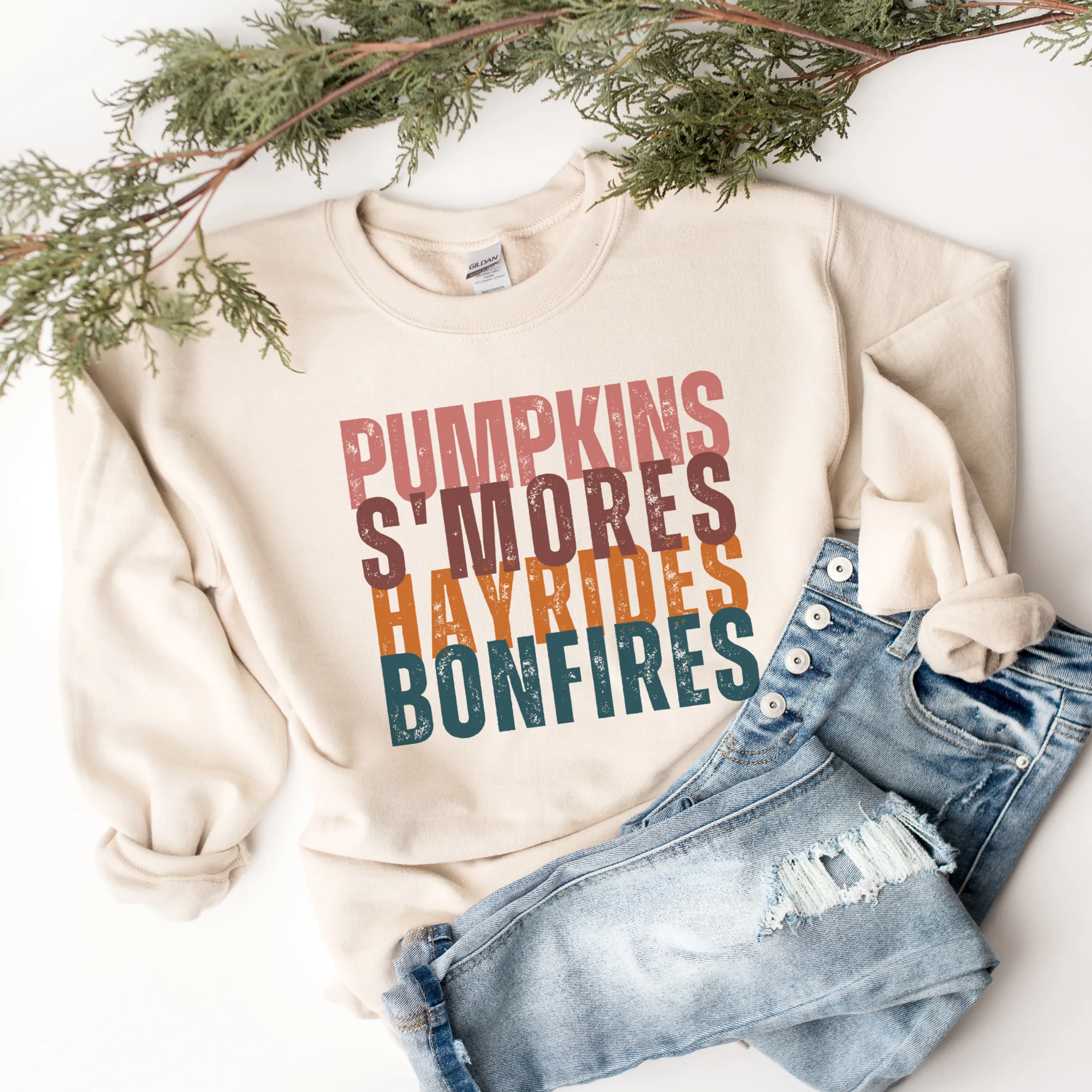 Pumpkins S'more's Hayrides and Bonfires Women's T Shirt or Crewneck Sweatshirt Distressed Letters Cozy Gildan Pullover or Bella Canvas Tee