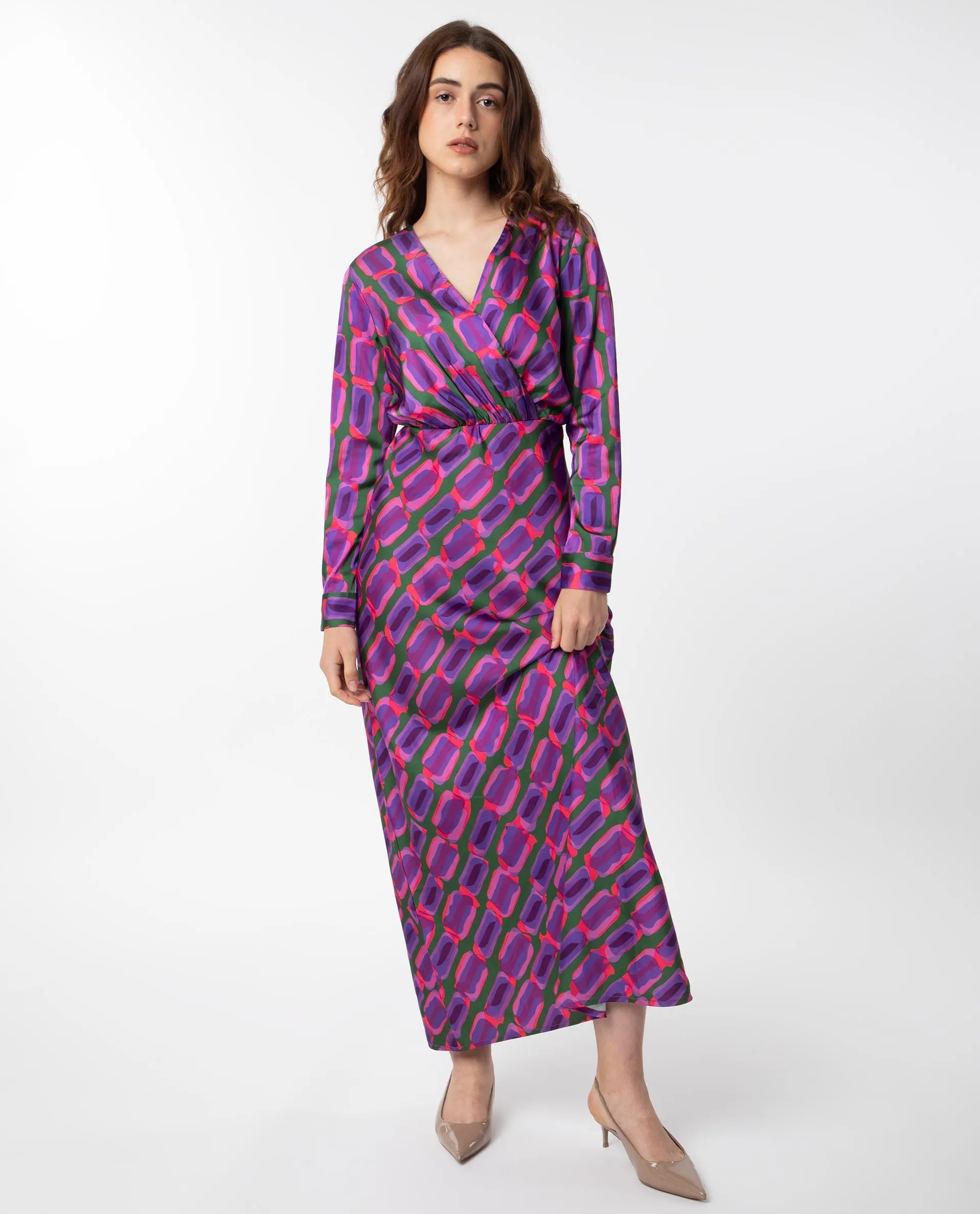 Rareism Women Kenra Purple Polyester Fabric Full Sleeves Relaxed Fit Geometric Print Maxi A-Line Dress