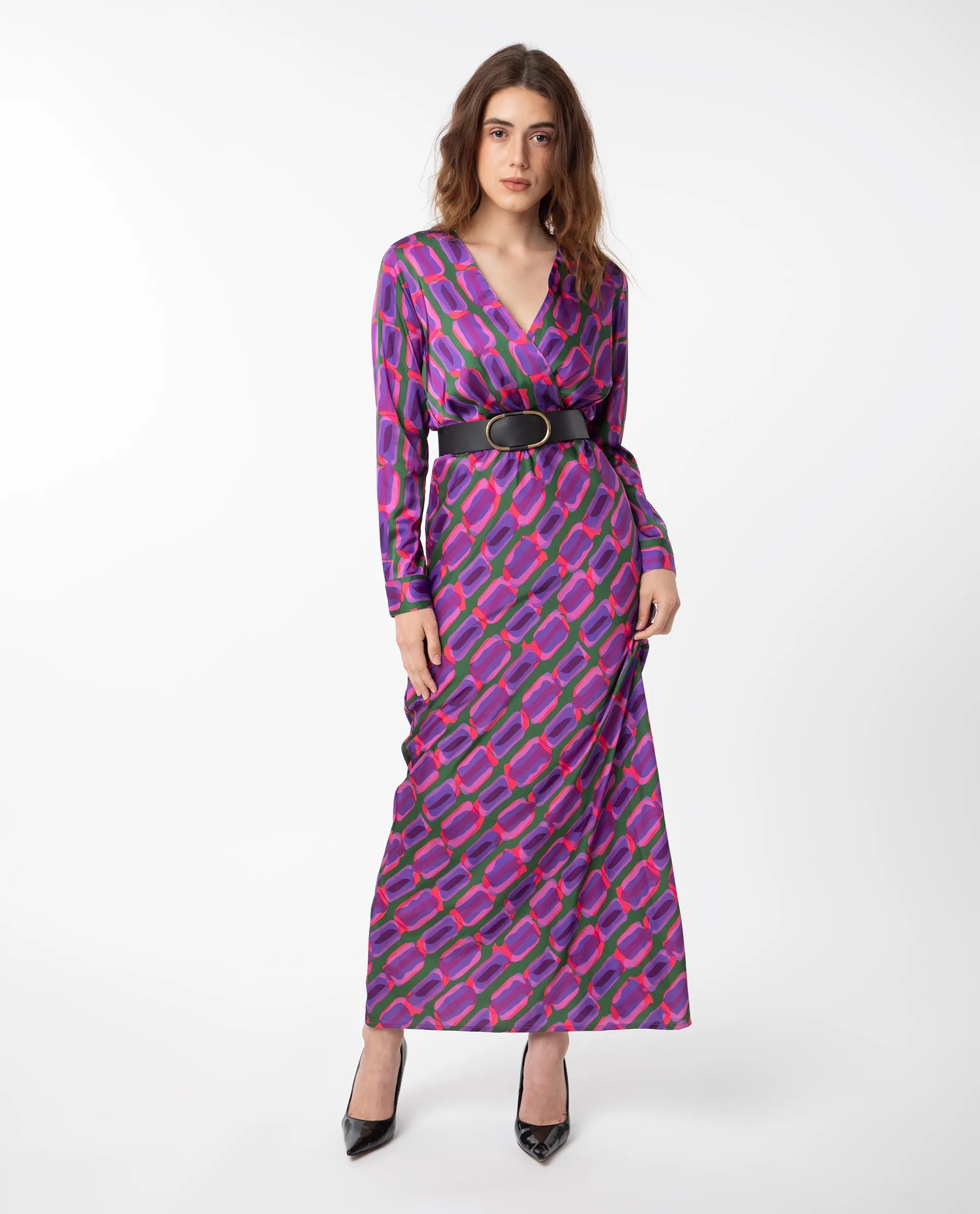 Rareism Women Kenra Purple Polyester Fabric Full Sleeves Relaxed Fit Geometric Print Maxi A-Line Dress