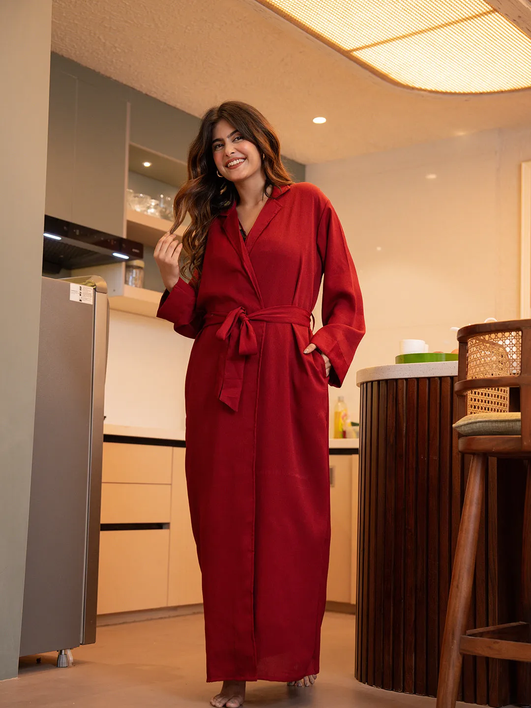 Raspberry Red Soft Crepe 2-Piece Maxi & Robe Set