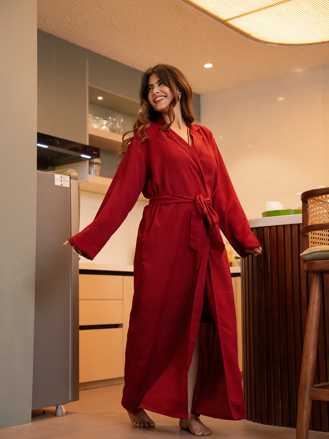 Raspberry Red Soft Crepe 2-Piece Maxi & Robe Set