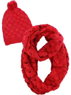 Red Weaved Knit Circle Infinity Scarf and Beanie Hat Set