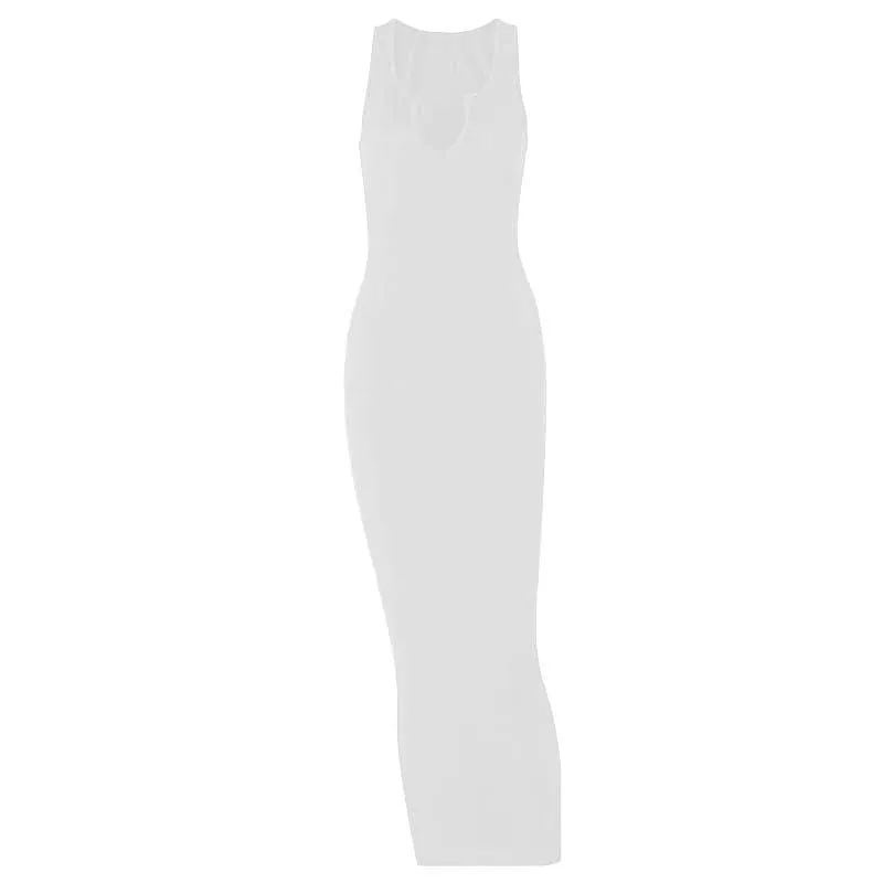 Ribbed notch neck sleeveless low cut solid maxi dress