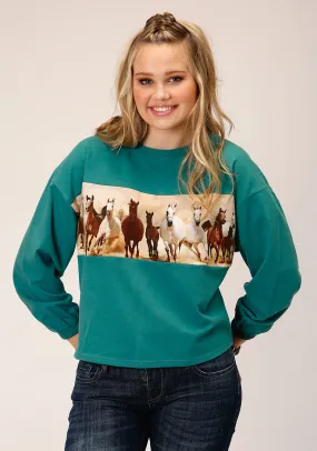 Roper Womens Running Horses Blue 100% Cotton Sweatshirt