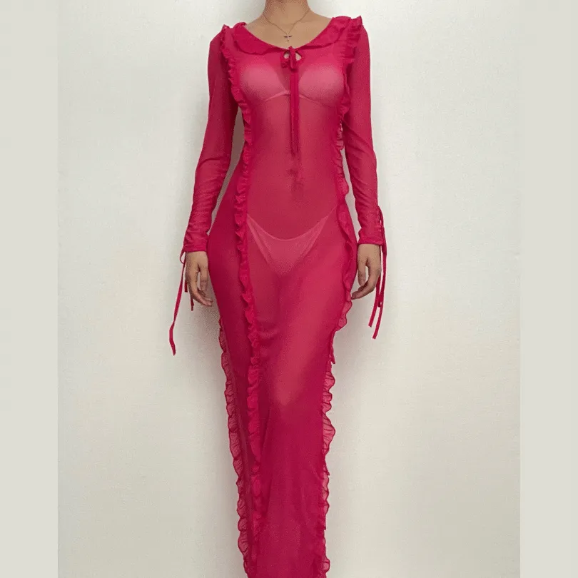 Ruffle turtle neck sheer mesh see through long sleeve maxi dress