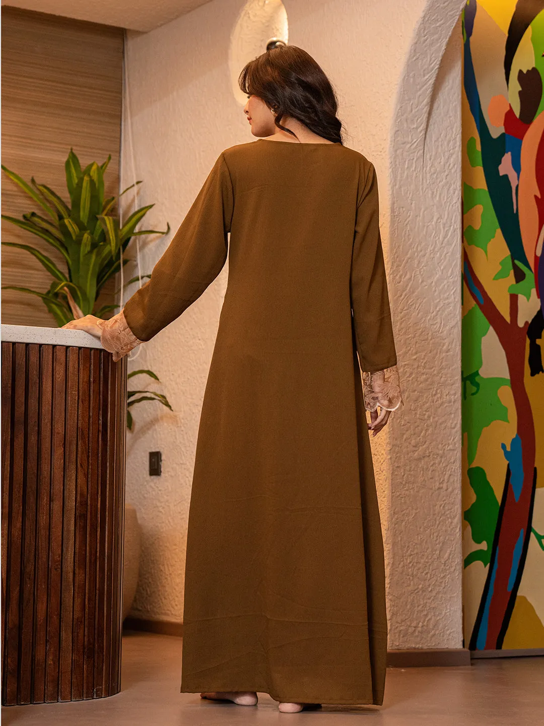 Rust Brown Soft Crepe V-Neck Maxi