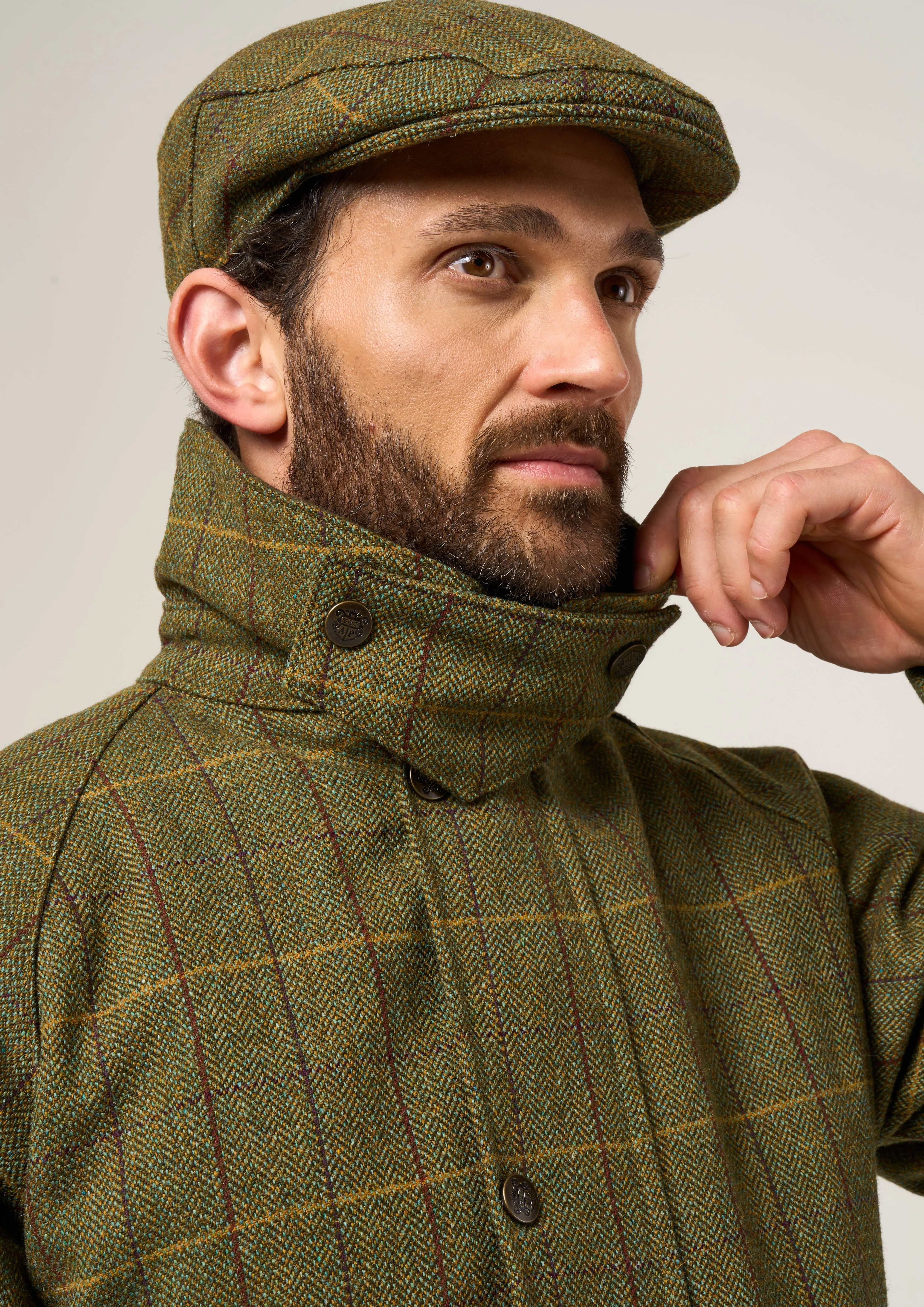 Rutland Men's Tweed Waterproof Shooting Coat In Green Ash - Regular Fit