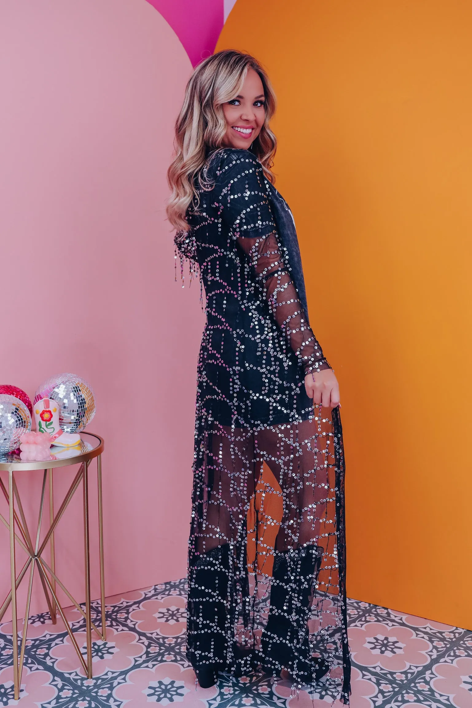 Sachi Sequin Sheer Maxi Kimono - Black