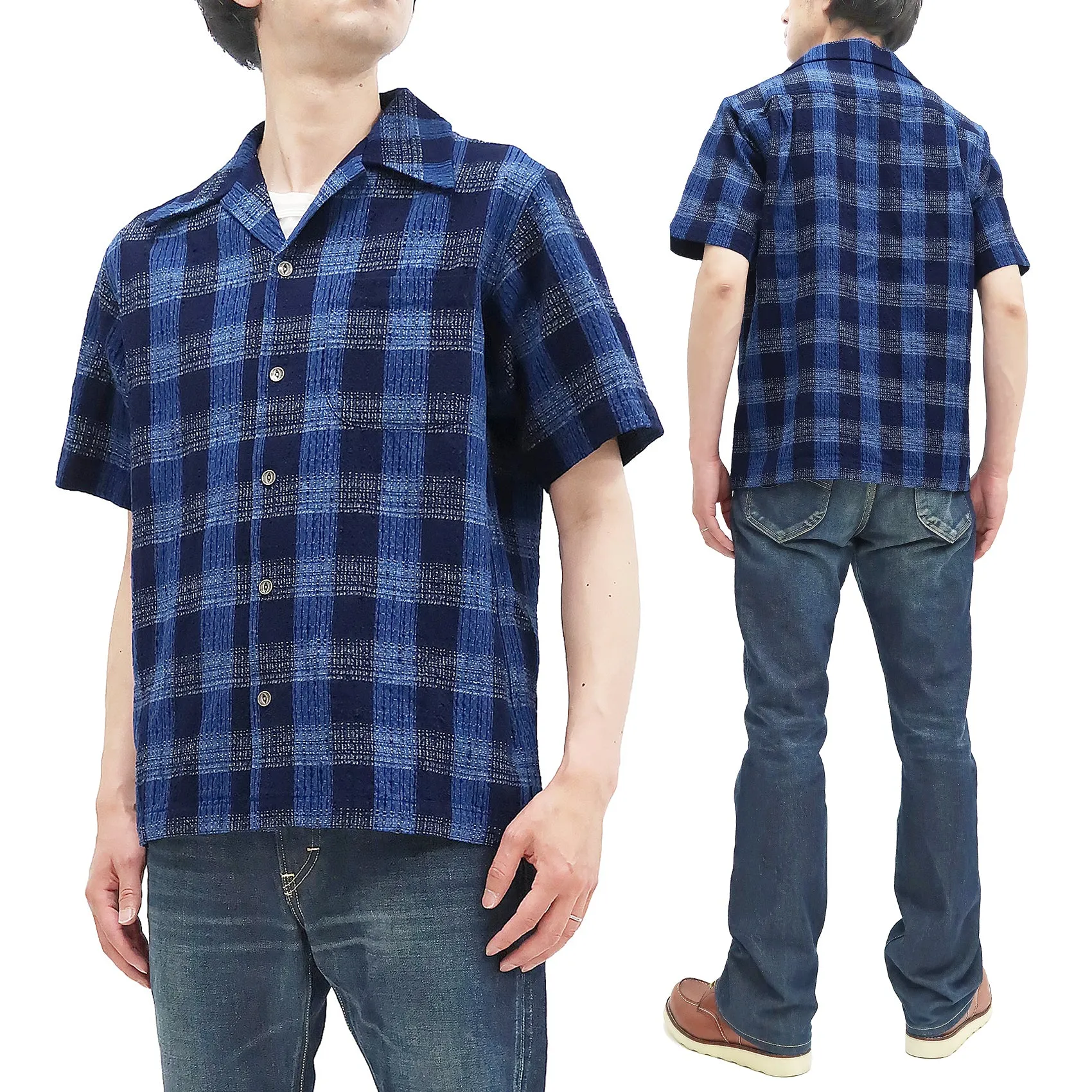 Samurai Jeans Shirt Men's Short Sleeve Japanese Kasuri Indigo Plaid Resort Collar Shirt SOS22-S02