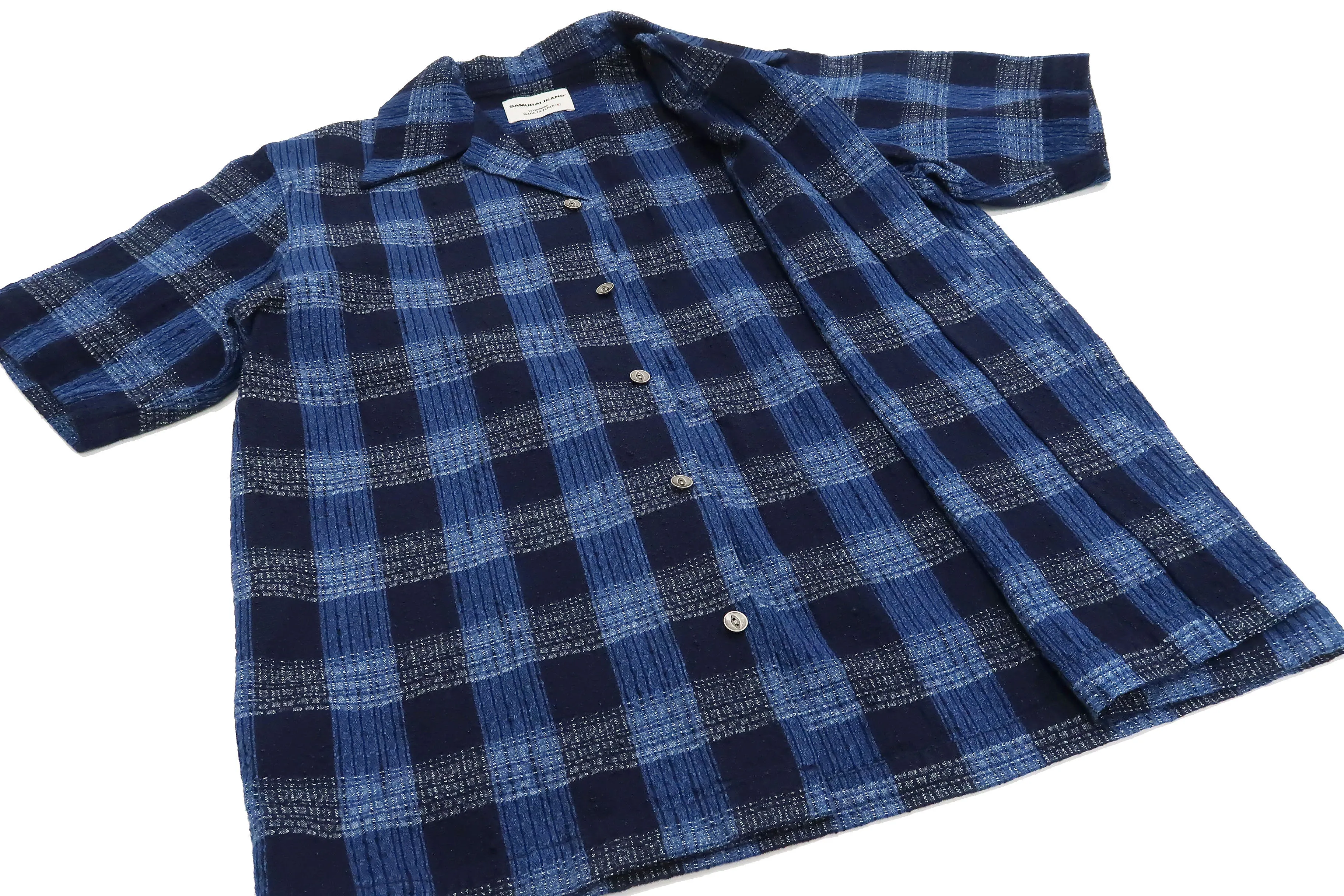 Samurai Jeans Shirt Men's Short Sleeve Japanese Kasuri Indigo Plaid Resort Collar Shirt SOS22-S02