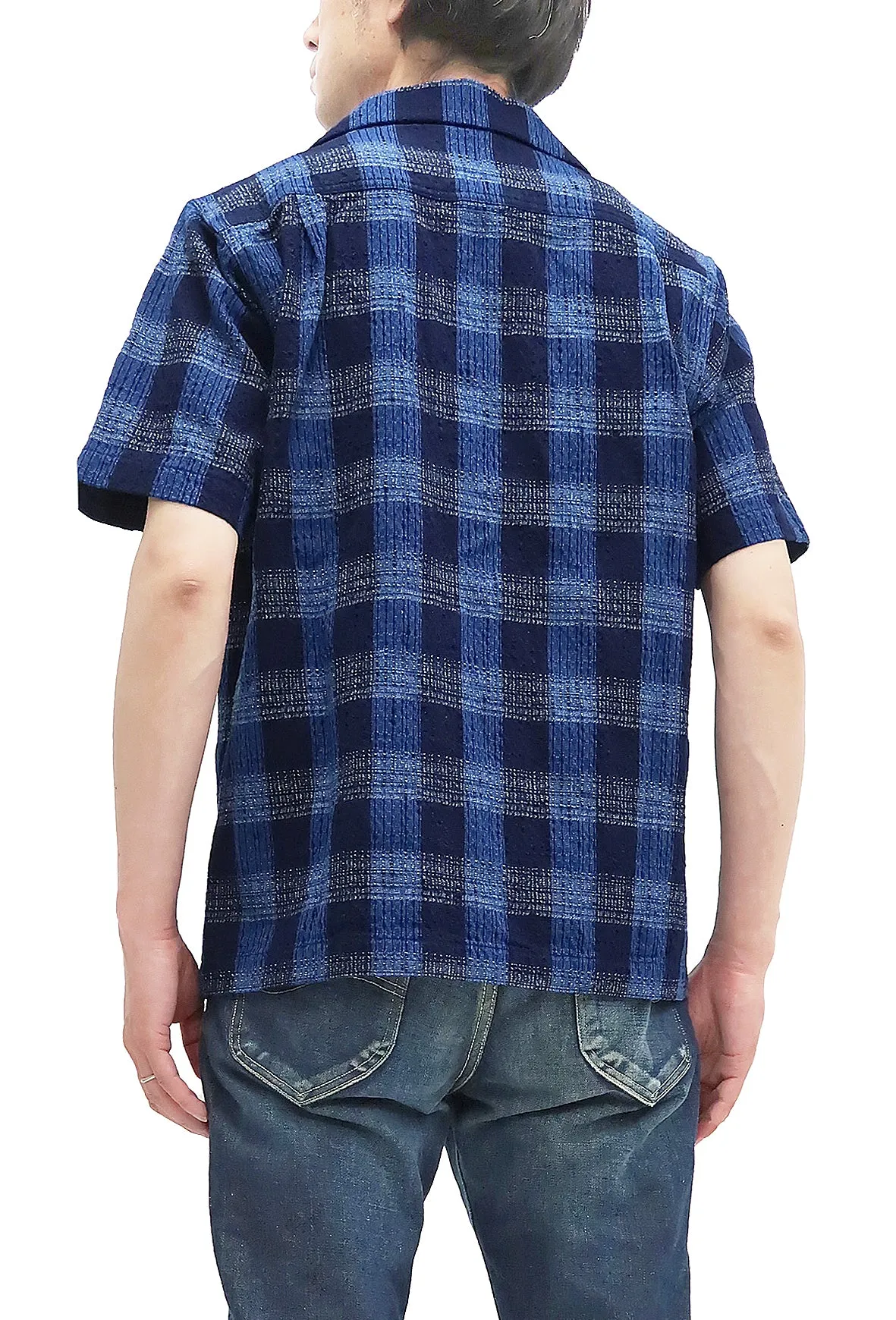 Samurai Jeans Shirt Men's Short Sleeve Japanese Kasuri Indigo Plaid Resort Collar Shirt SOS22-S02