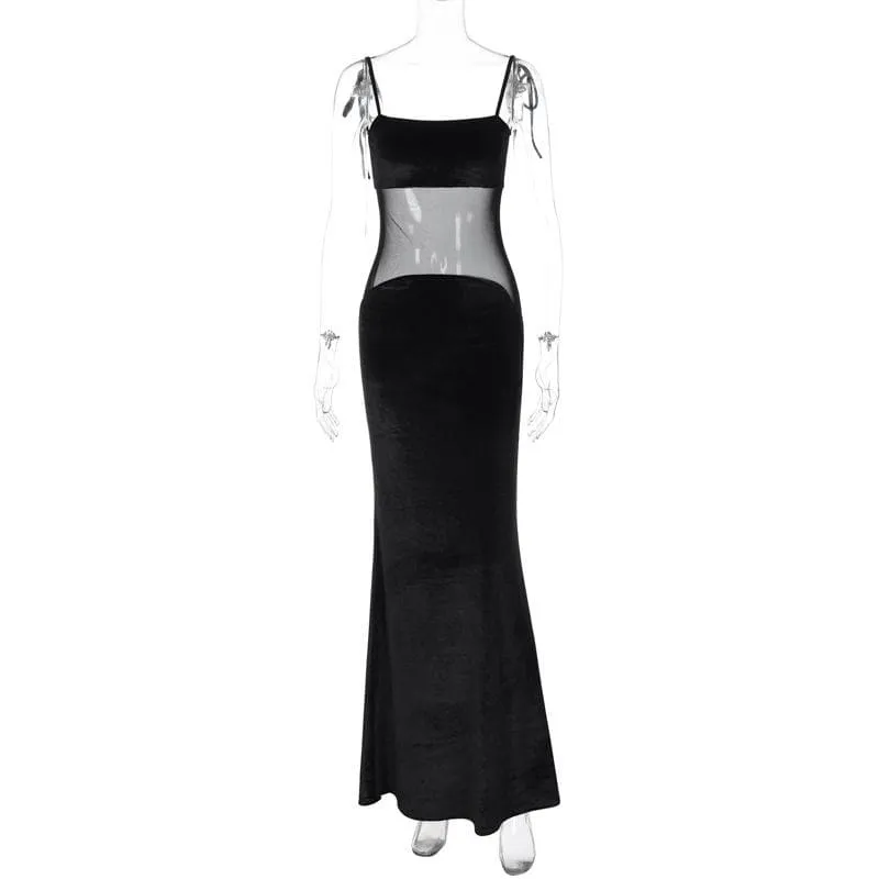 Self tie mesh patchwork backless velvet solid cami maxi dress