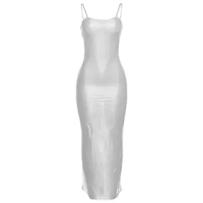 Sheer mesh see through backless solid cami maxi dress