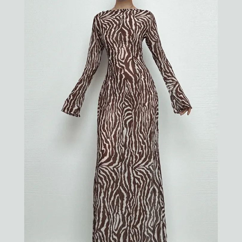 Sheer mesh see through zebra print long sleeve zip-up contrast maxi dress