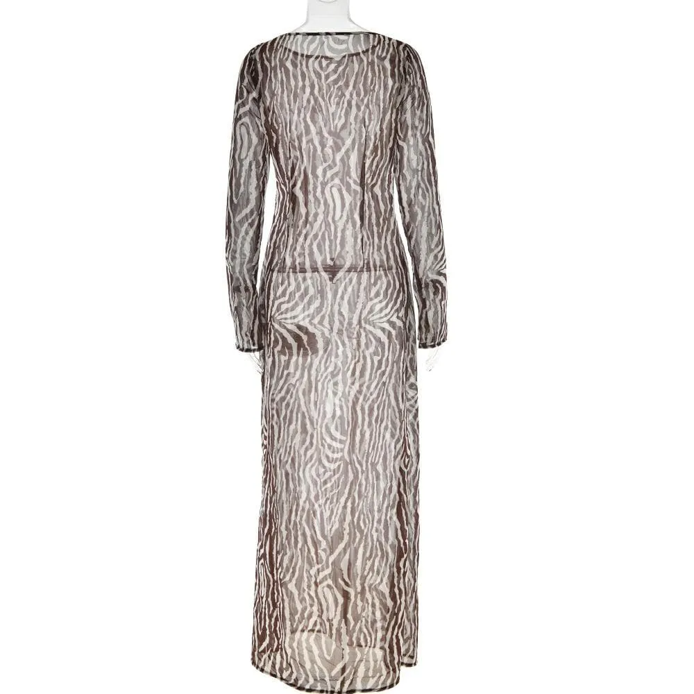 Sheer mesh see through zebra print long sleeve zip-up contrast maxi dress