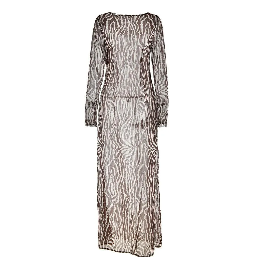 Sheer mesh see through zebra print long sleeve zip-up contrast maxi dress