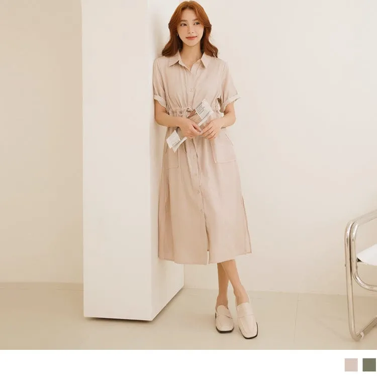 SHIRTS COLLAR BUTTON ELASTIC WAIST MAXI DRESS