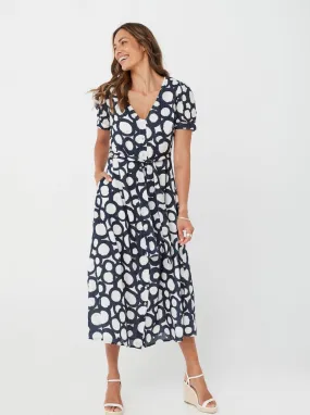 Short Sleeved V-neck Blue Printed Dress - Hallie Dress