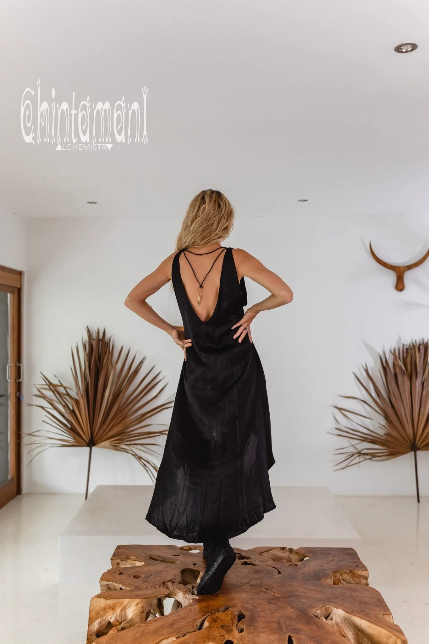 Silk Maxi Dress with Open Back / Black