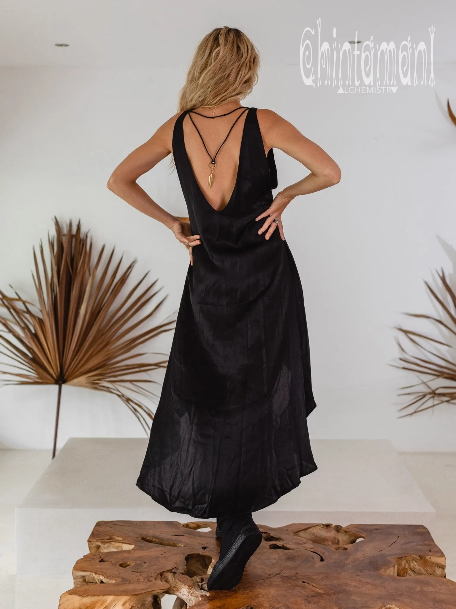 Silk Maxi Dress with Open Back / Black