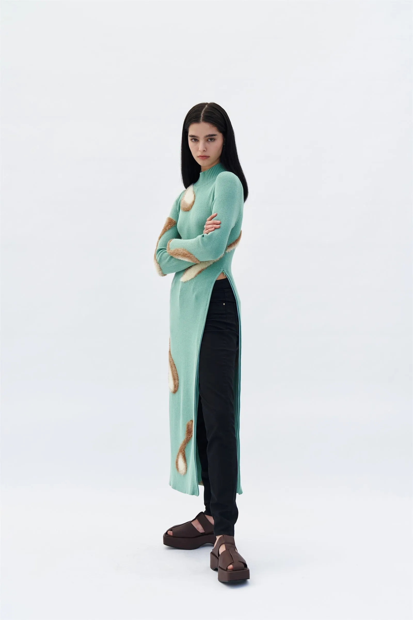 SIMBA MIXED MEDIA LONG SLEEVE MAXI DRESS WITH SIDE ZIP