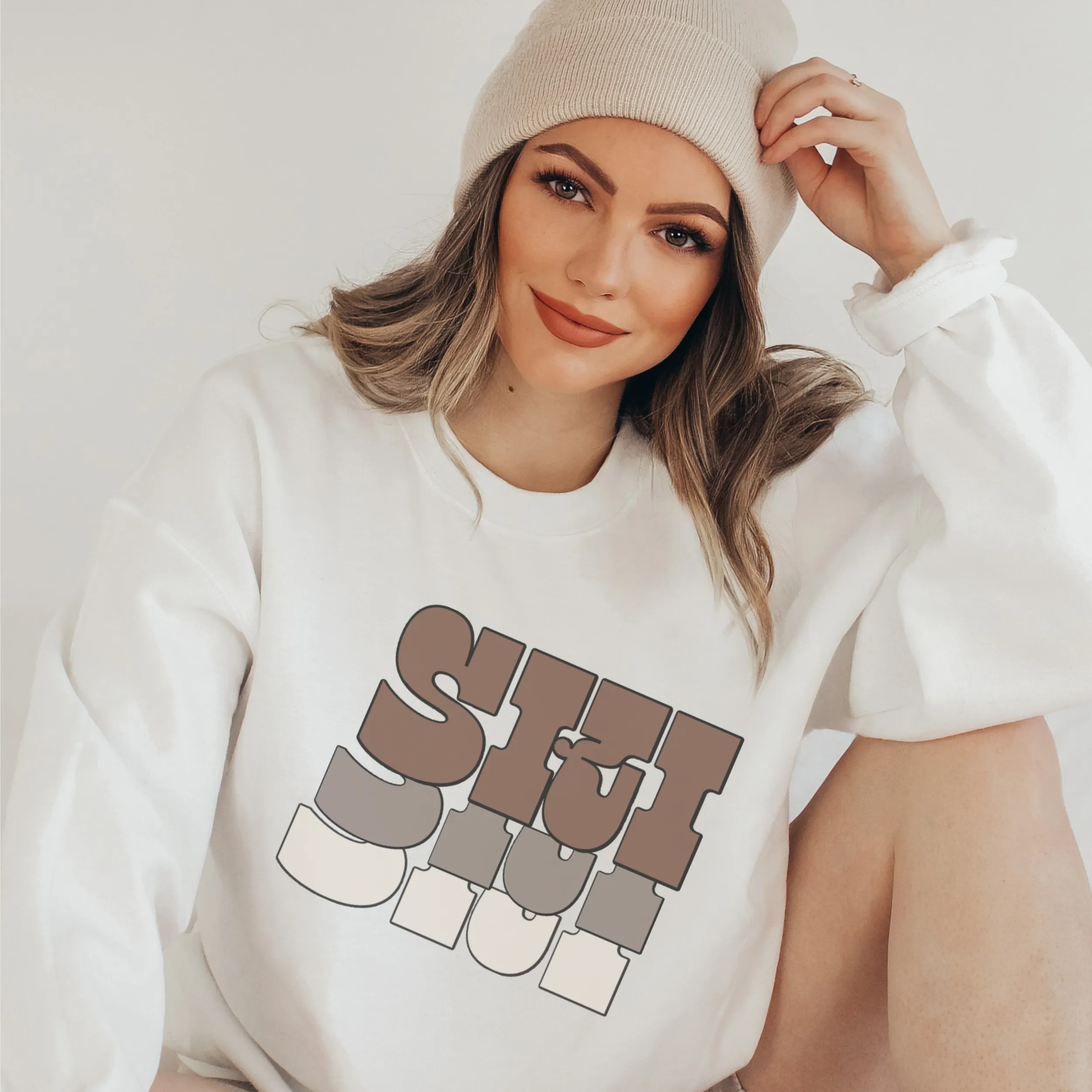 Ski Crewneck Sweatshirt on a Soft, Cozy Pullover Unisex-Size Sweatshirt in White, Sand, or Ash Winter Ski Pullover