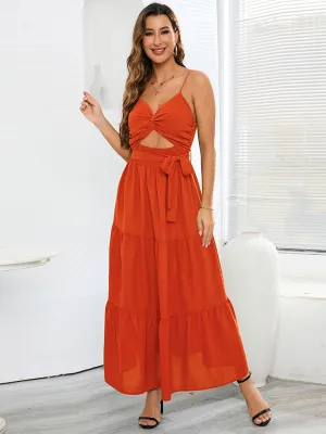 Solid Color Strap V Neck Cut Out Pleated Maxi Boho Dress