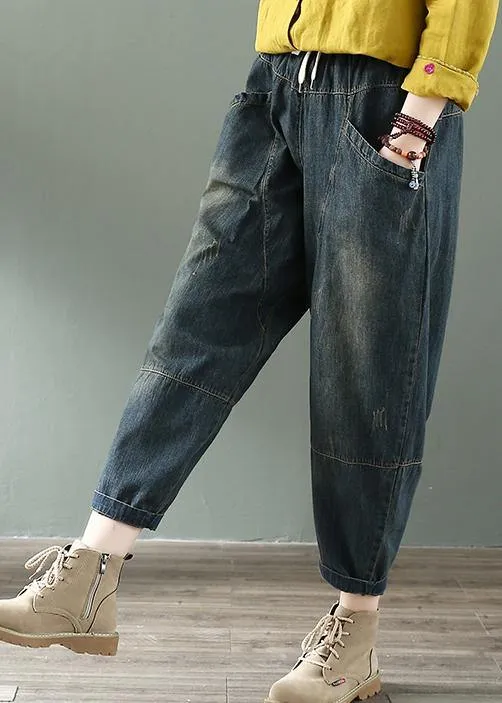 Spring nine points cross pants denim harem pants female elastic waist retro loose trousers