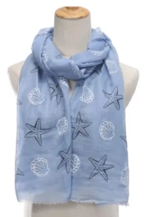 Starfish and Shell Prints Scarf, Blue