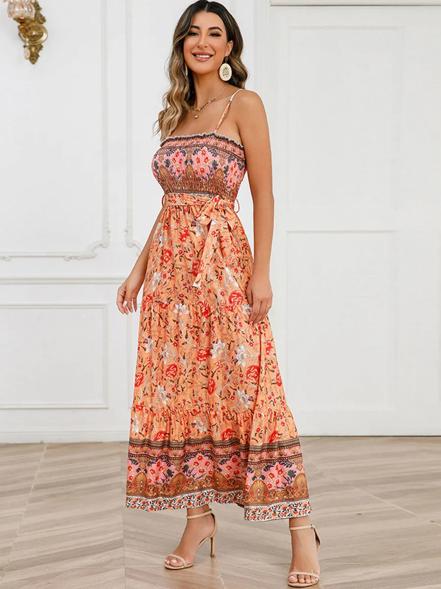 Strap Bohemia Floral Printed Maxi Boho Dress with Belt