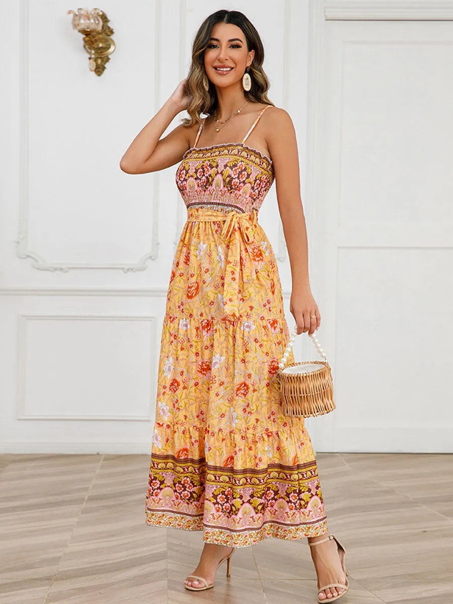 Strap Bohemia Floral Printed Maxi Boho Dress with Belt